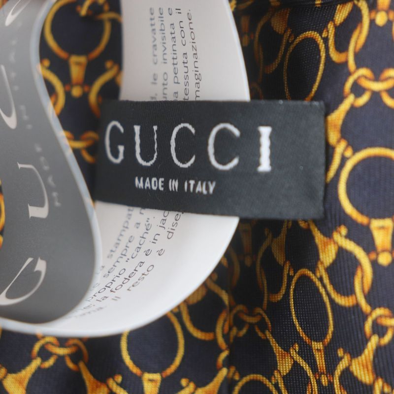 Gucci 100% Silk Cravat Bit Pattern Allover Tie Navy Gold Italymade — view 6