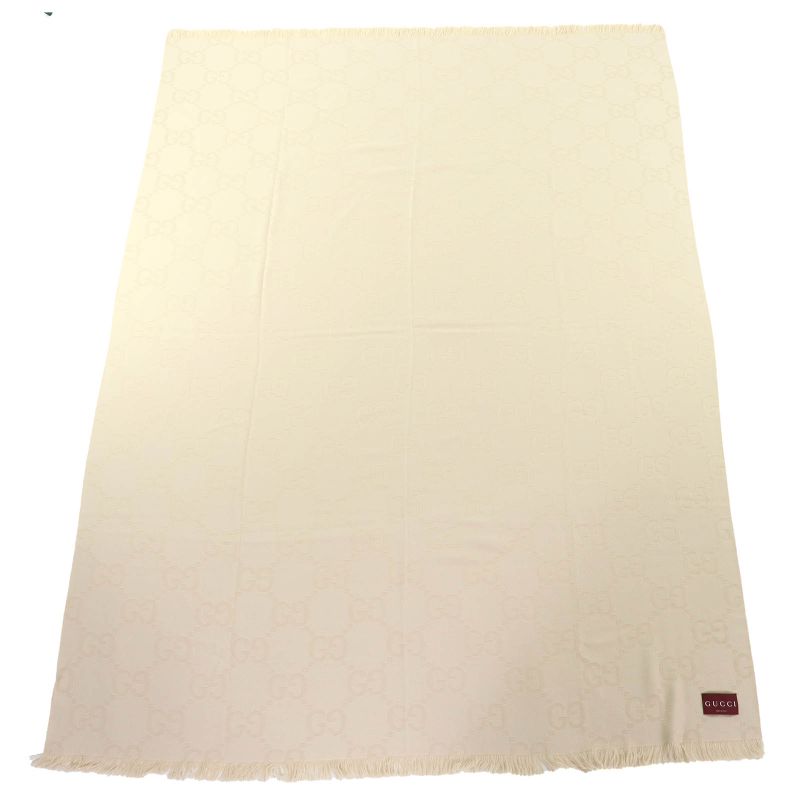 Gucci Wool Silk GG Jacquard Fringe Large Shawl Blanket Light Beige 135 — view 4