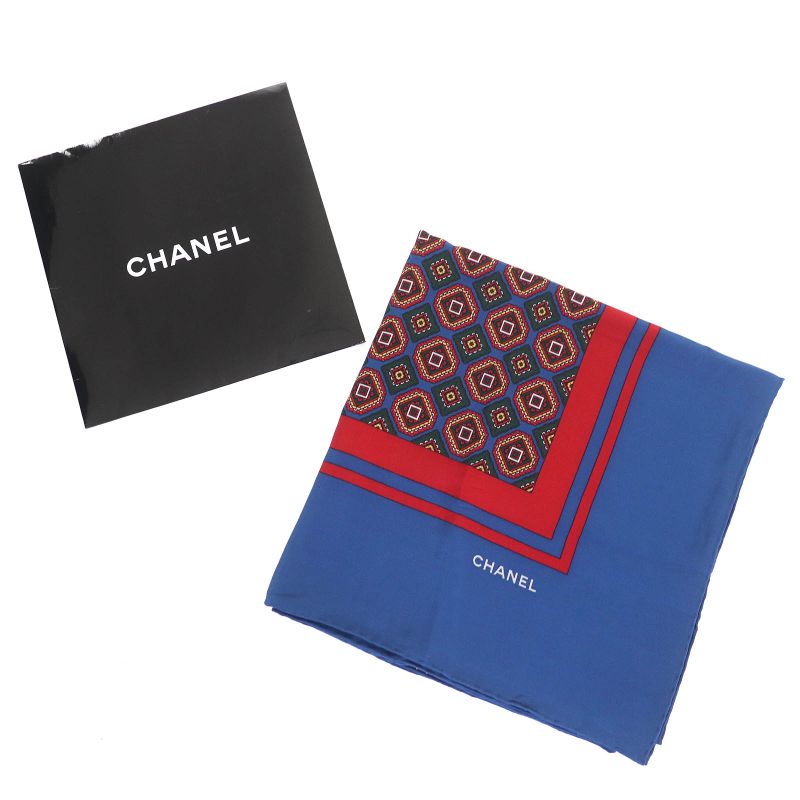 Chanel Vintage 100% Silk Logo Total Print Carre 140 Size Scarf Blue Red — view 2