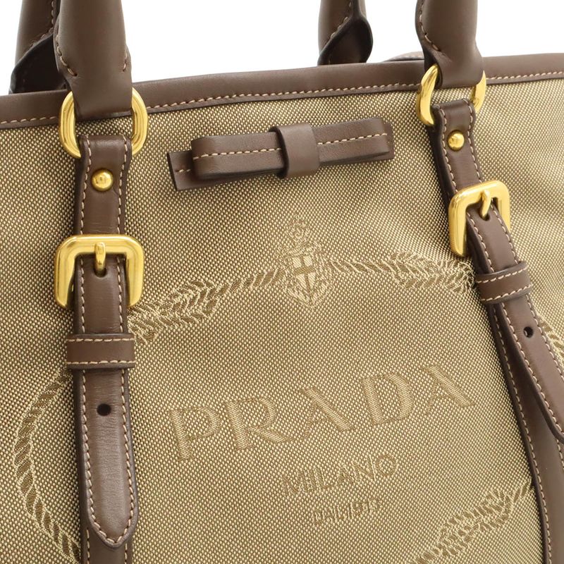 Prada Logo Jacquard Ribbon Tote 2-Way Shoulder Bag Canvas Khaki — view 8