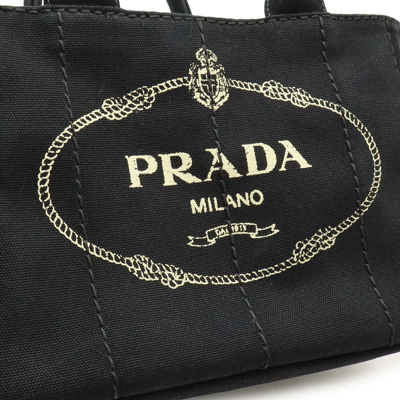 Prada Canapa Tote Bag 2-Way Shoulder Striped Canvas Nero Black — view 7