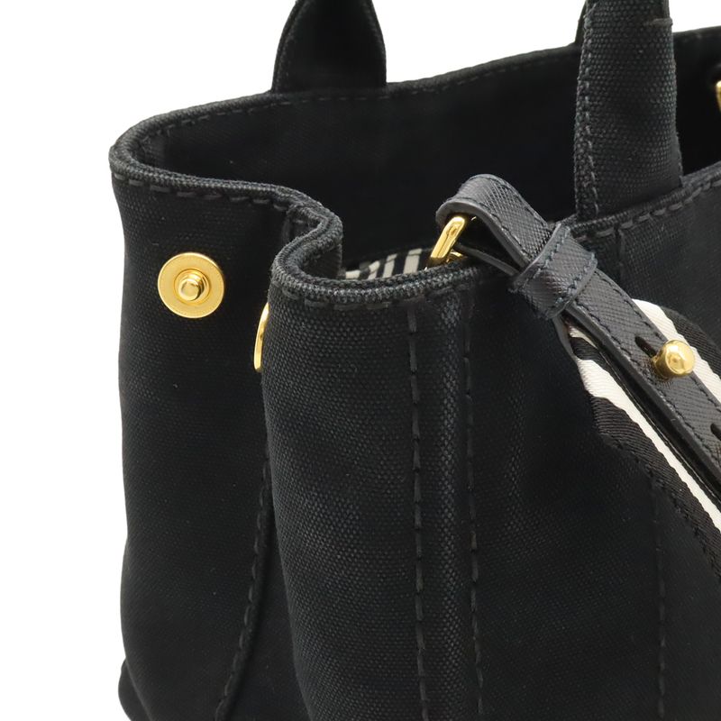 Prada Canapa Tote Bag 2-Way Shoulder Striped Canvas Nero Black — view 6