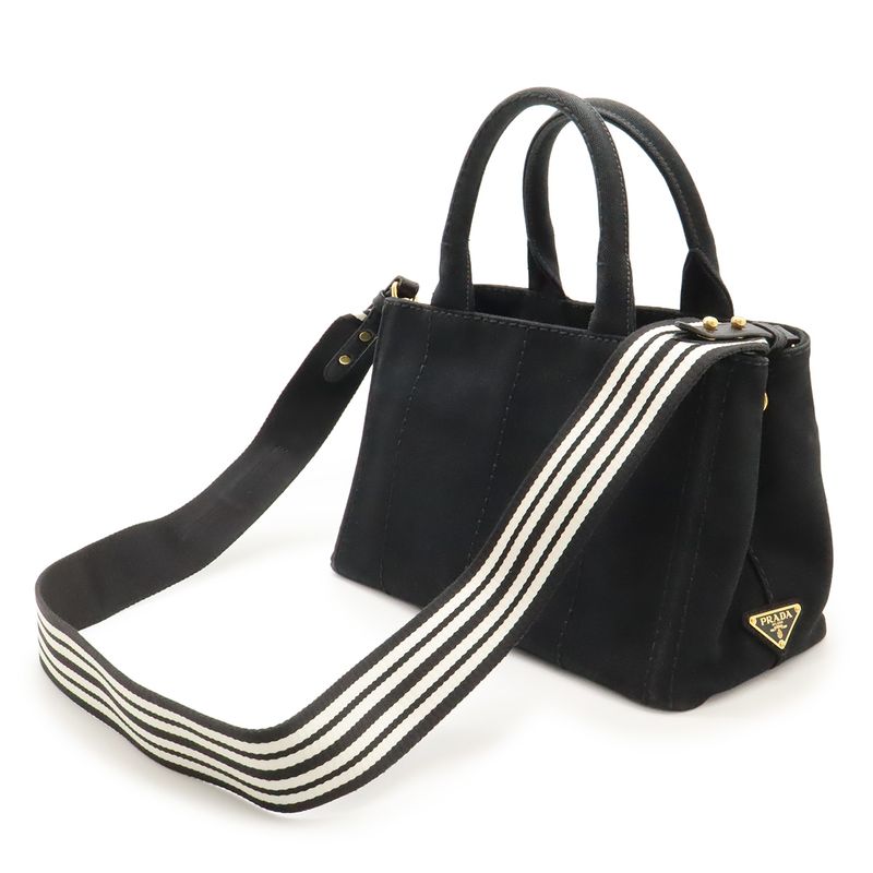 Prada Canapa Tote Bag 2-Way Shoulder Striped Canvas Nero Black — view 2