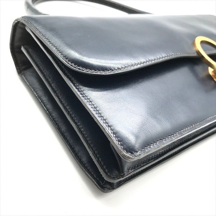 Hermes Leather Vintage Ring de Gold Hand Bag Navy — view 6