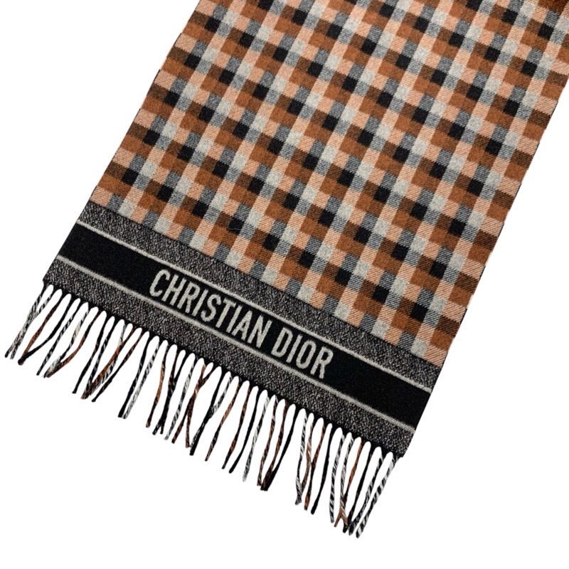 Christian Dior Muffler Wool Brown White Black Shawl Signature Logo Check Scarf — view 3