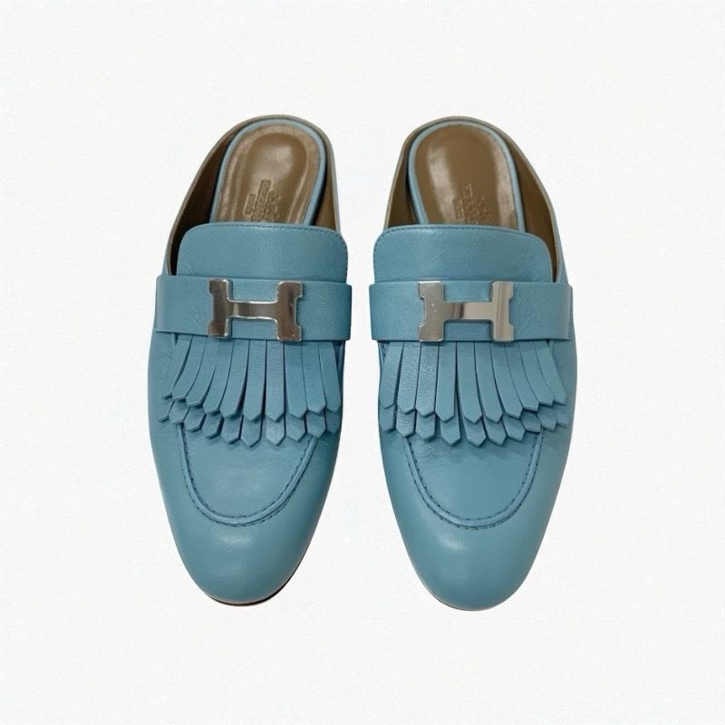 Hermes Rivoli Sandals Shoes Leather Light Blue Silver Hhardware Constance — view 2