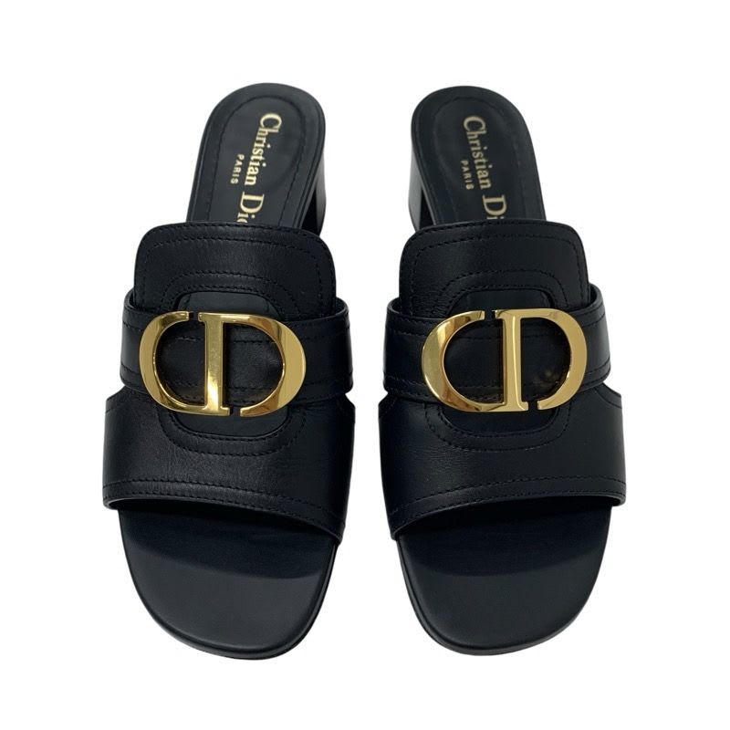 Christian Dior 30 Montaigne Sandals Shoes Leather Black Gold Logo Mules — view 2