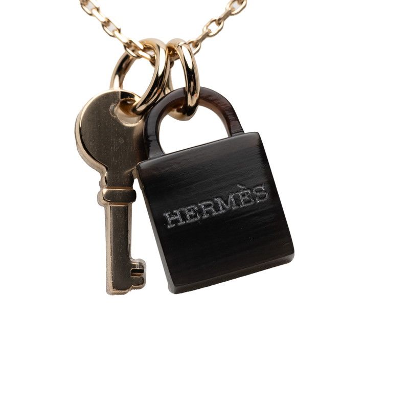 Hermes Amulet Padlock PM Pendant Necklace Gold Brown Plated Buffalo Horn — view 3