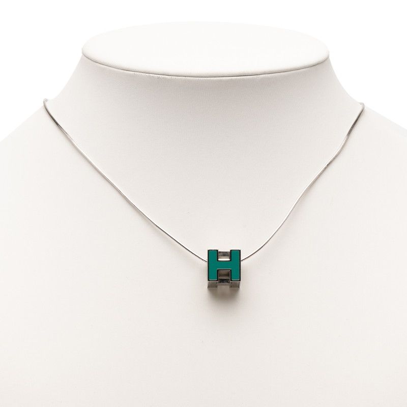Hermes Caje De Ashe H Cube Pendant Necklace Silver Light Blue Metal — view 7