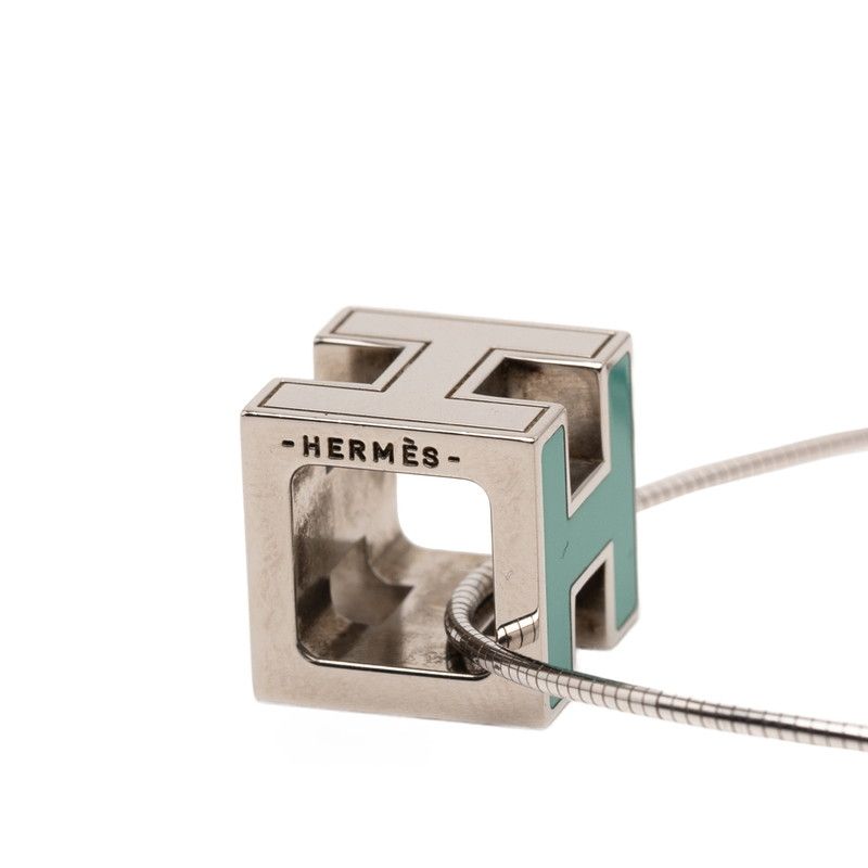 Hermes Caje De Ashe H Cube Pendant Necklace Silver Light Blue Metal — view 5
