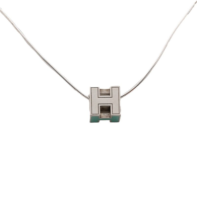 Hermes Caje De Ashe H Cube Pendant Necklace Silver Light Blue Metal — view 3