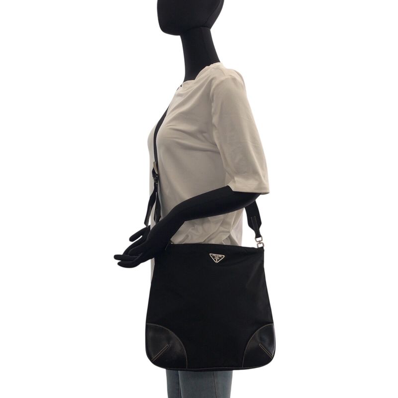 Prada Triangle Logo Plate Black Silver Hardware Nylon Leather Shoulder Bag — view 7