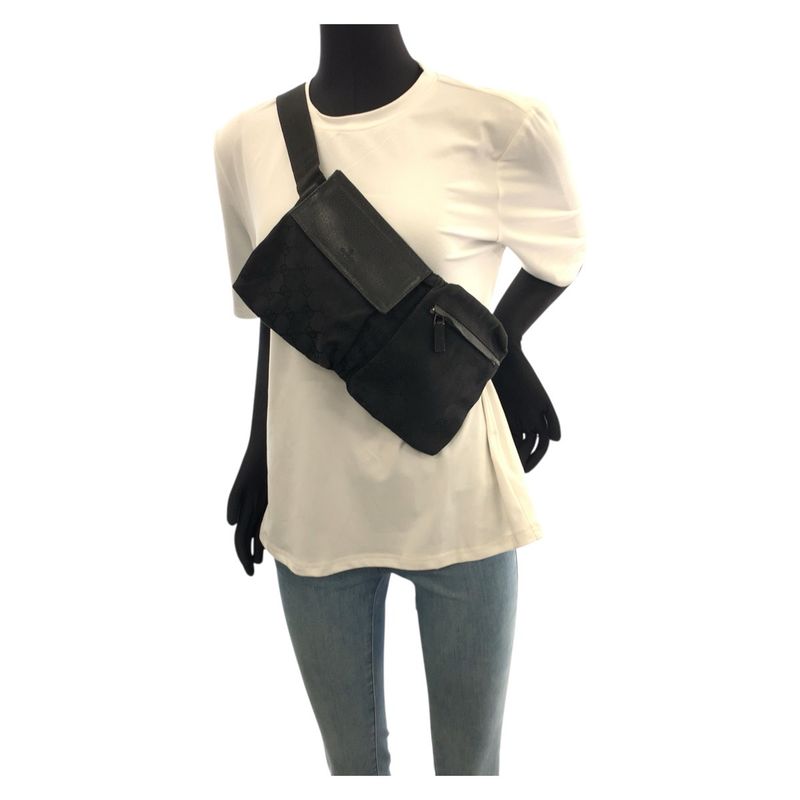 Gucci Black Silver Hardware GG Canvas Leather 28566 Body Bag Waist Pouch — view 6