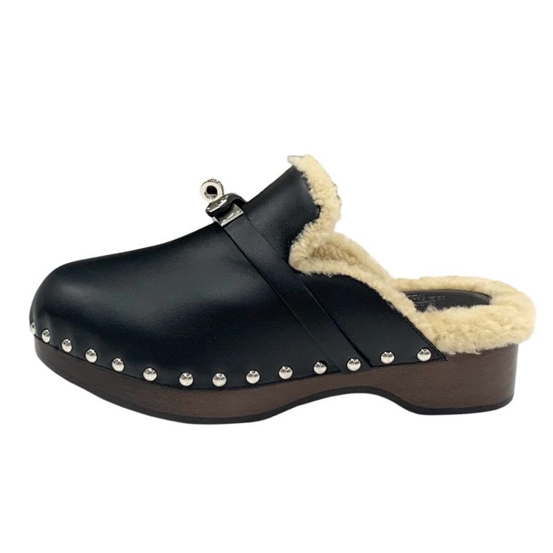 Hermes Carlotta Sandals Shoes Leather Shearling Wood Black Silver Sabot Mule — view 3