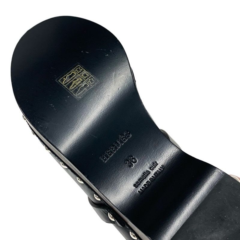 Hermes Carlotta Sandals Shoes Leather Shearling Wood Black Silver Sabot Mule — view 8