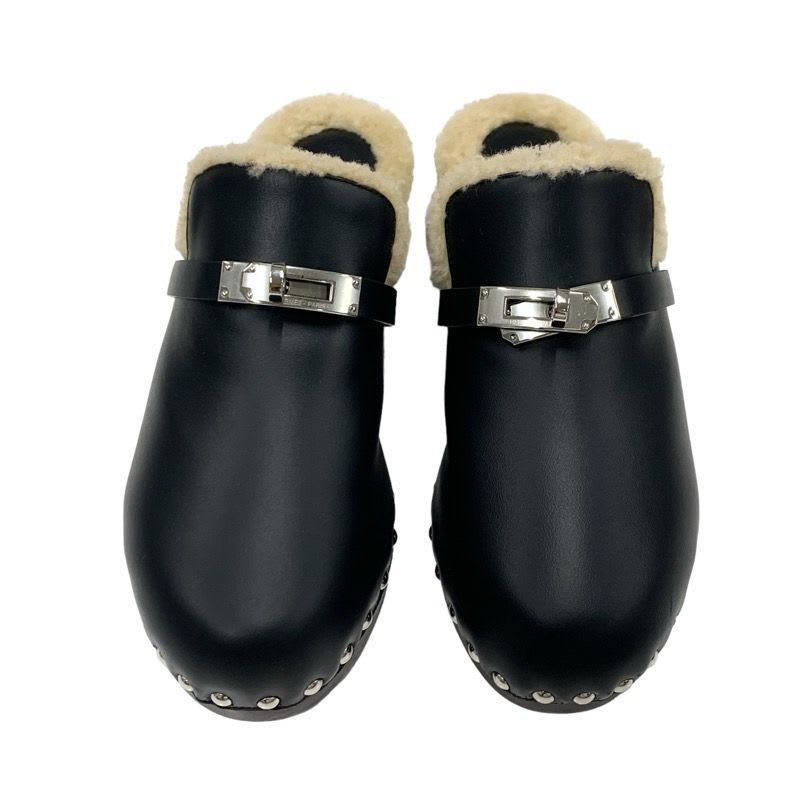 Hermes Carlotta Sandals Shoes Leather Shearling Wood Black Silver Sabot Mule — view 2