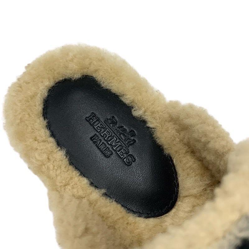 Hermes Carlotta Sandals Shoes Leather Shearling Wood Black Silver Sabot Mule — view 7