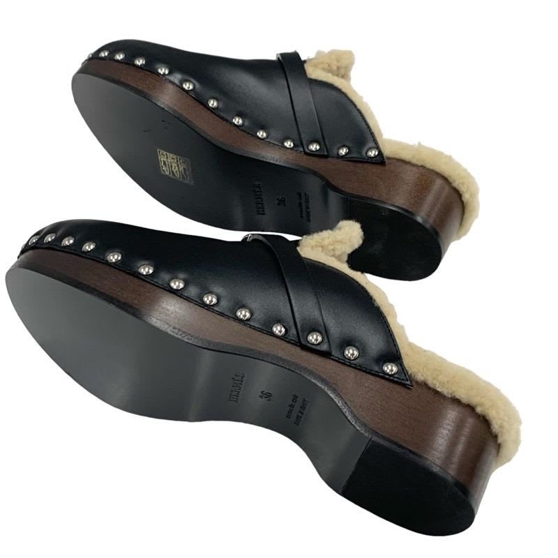 Hermes Carlotta Sandals Shoes Leather Shearling Wood Black Silver Sabot Mule — view 6