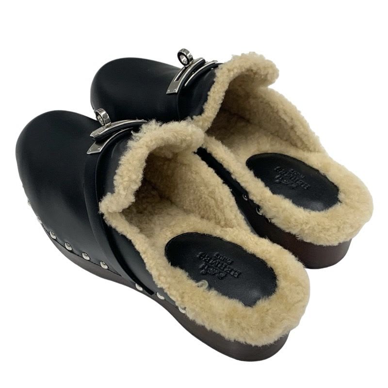 Hermes Carlotta Sandals Shoes Leather Shearling Wood Black Silver Sabot Mule — view 4