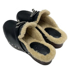 Hermes Carlotta Sandals Shoes Leather Shearling Wood Black Silver Sabot Mule — view 4