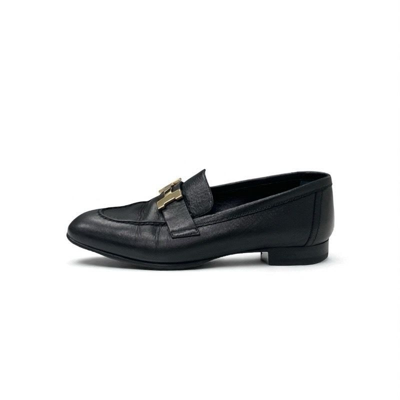 Hermes Paris Loafer Leather Shoes Black Gold Hhardware Moccasins — view 3