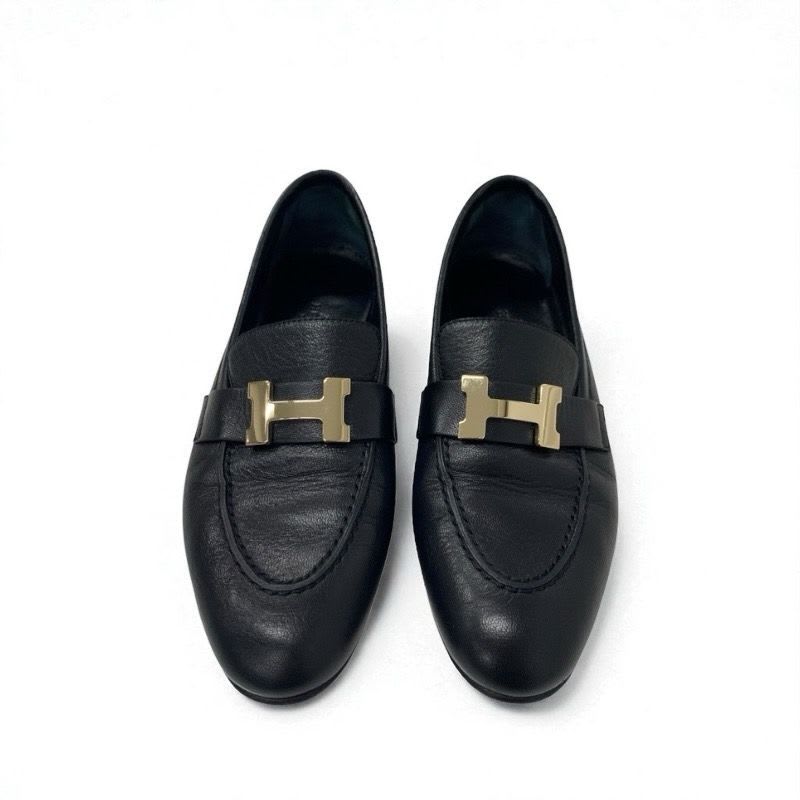 Hermes Paris Loafer Leather Shoes Black Gold Hhardware Moccasins — view 2