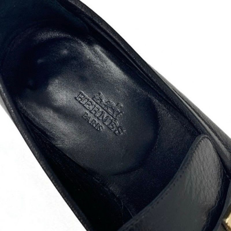 Hermes Paris Loafer Leather Shoes Black Gold Hhardware Moccasins — view 7
