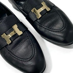 Hermes Paris Loafer Leather Shoes Black Gold Hhardware Moccasins — view 9