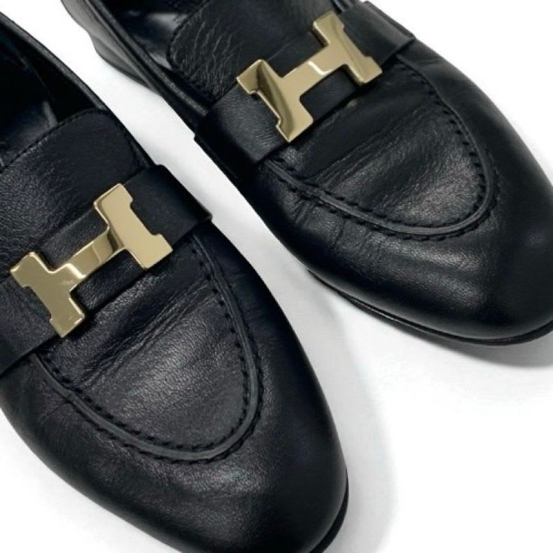 Hermes Paris Loafer Leather Shoes Black Gold Hhardware Moccasins — view 9
