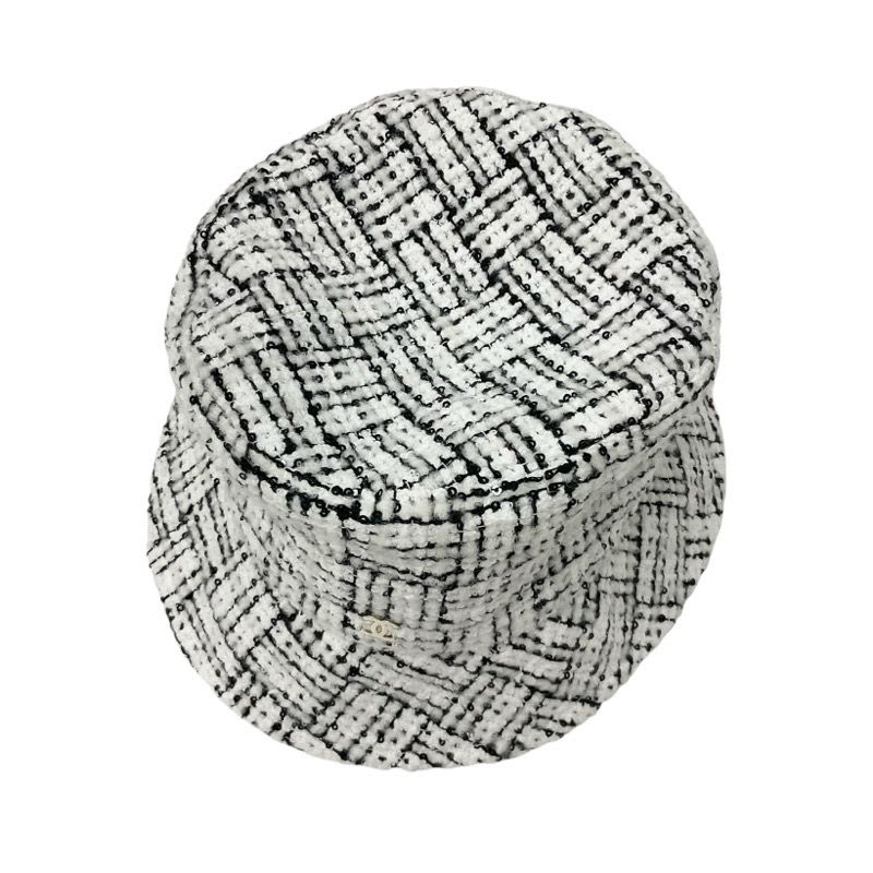 Chanel Hat White Black Coco Mark Tweed Sequin Bucket — view 3