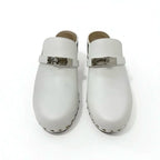 Hermes Carlotta Sandals Shoes Leather White Silver Kelly Hardware Sabo Mule — view 2
