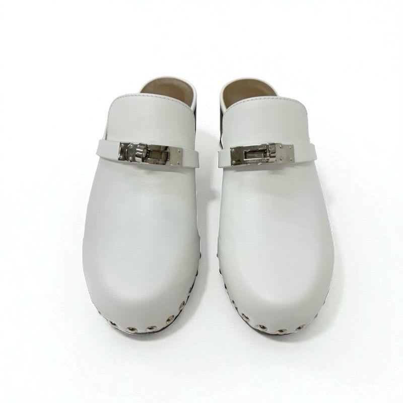 Hermes Carlotta Sandals Shoes Leather White Silver Kelly Hardware Sabo Mule — view 2
