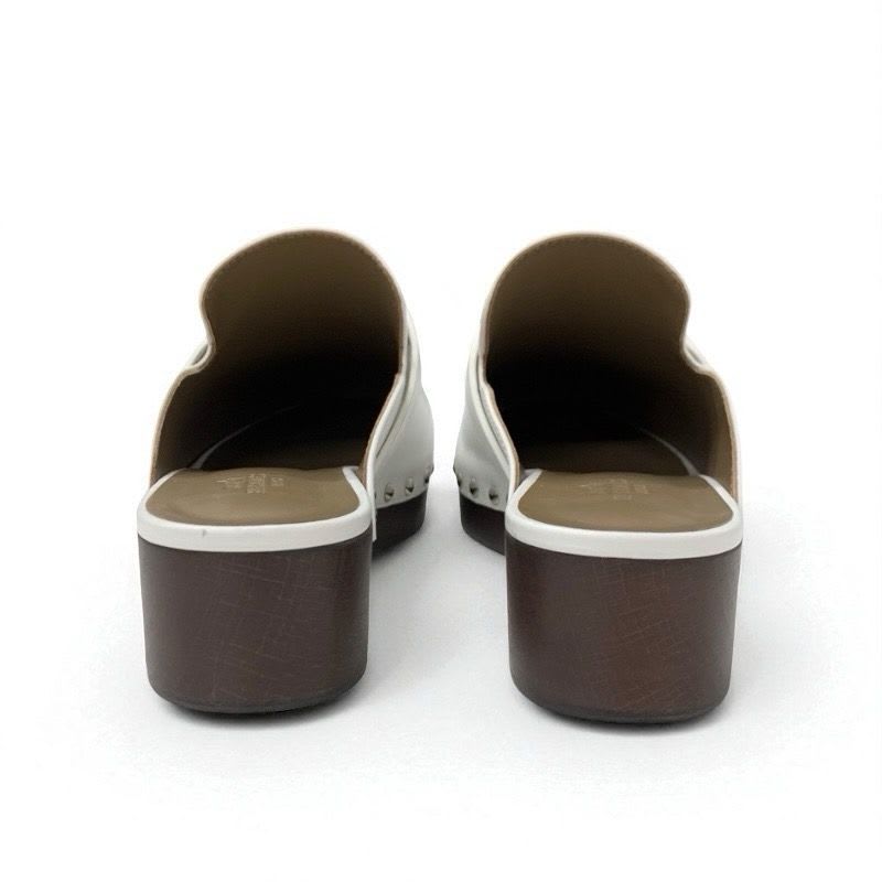Hermes Carlotta Sandals Shoes Leather White Silver Kelly Hardware Sabo Mule — view 5
