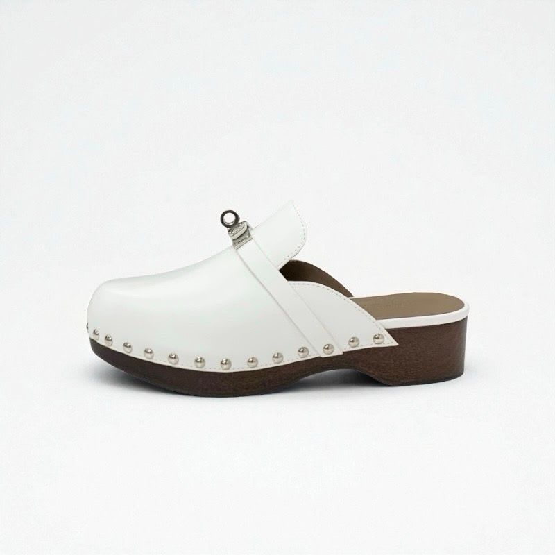 Hermes Carlotta Sandals Shoes Leather White Silver Kelly Hardware Sabo Mule — view 3