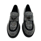 Prada Loafers Leather Shoes Satin Black Crystal Rhinestone Logo Plate — view 2