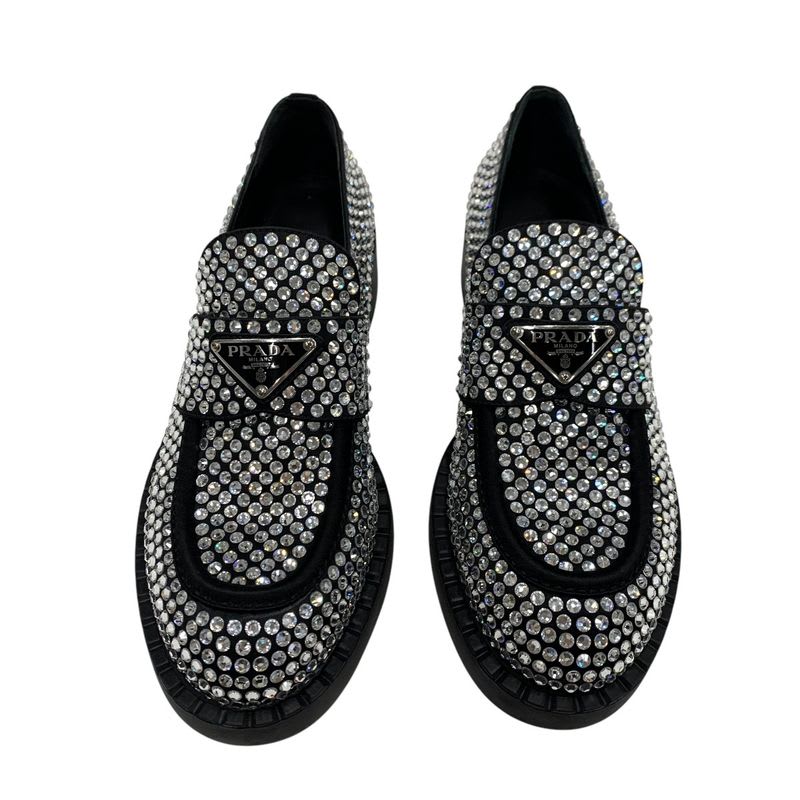Prada Loafers Leather Shoes Satin Black Crystal Rhinestone Logo Plate — view 2