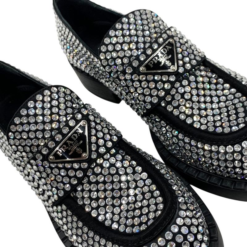 Prada Loafers Leather Shoes Satin Black Crystal Rhinestone Logo Plate — view 9