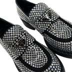 Prada Loafers Leather Shoes Satin Black Crystal Rhinestone Logo Plate — view 9