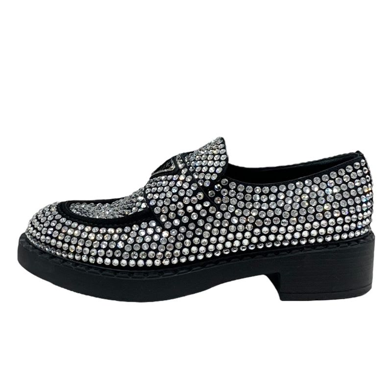 Prada Loafers Leather Shoes Satin Black Crystal Rhinestone Logo Plate — view 3