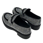Prada Loafers Leather Shoes Satin Black Crystal Rhinestone Logo Plate — view 4