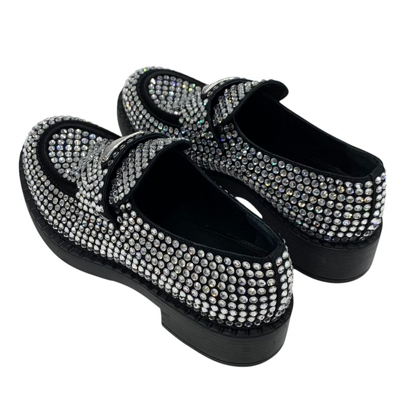 Prada Loafers Leather Shoes Satin Black Crystal Rhinestone Logo Plate — view 4