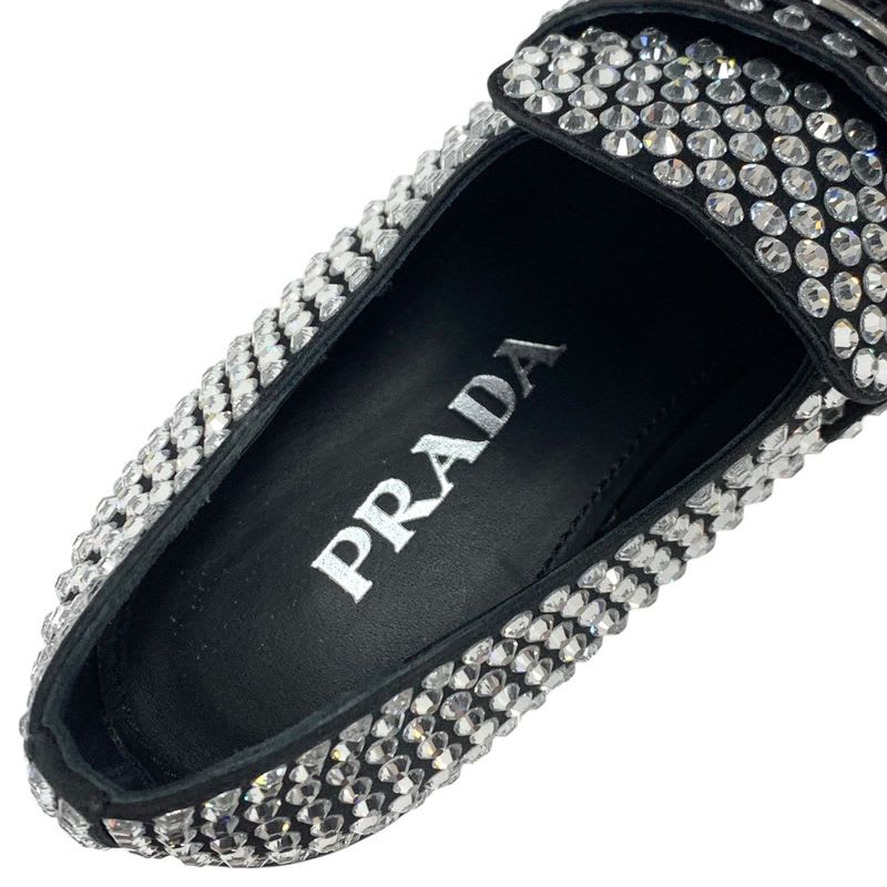 Prada Loafers Leather Shoes Satin Black Crystal Rhinestone Logo Plate — view 7