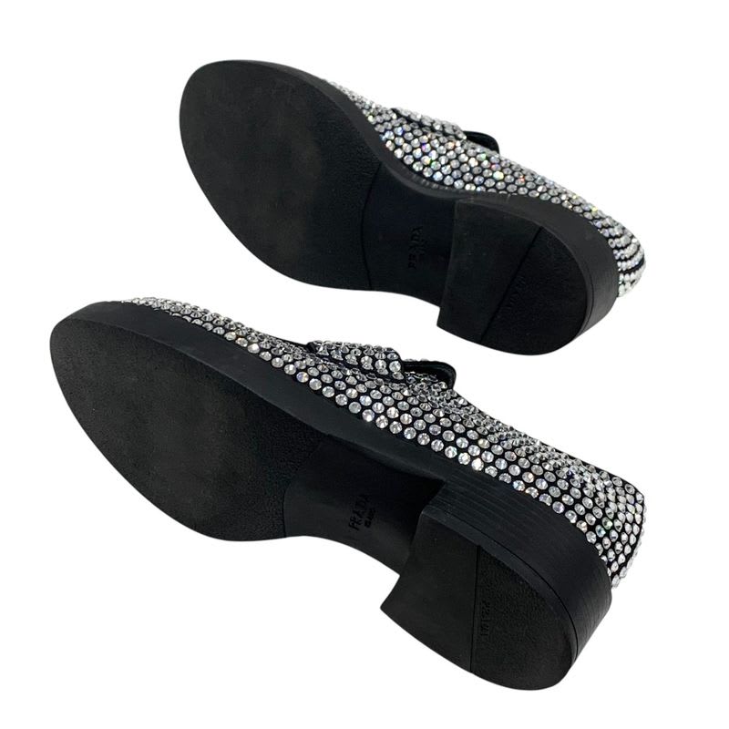 Prada Loafers Leather Shoes Satin Black Crystal Rhinestone Logo Plate — view 6