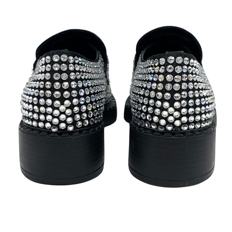 Prada Loafers Leather Shoes Satin Black Crystal Rhinestone Logo Plate — view 5
