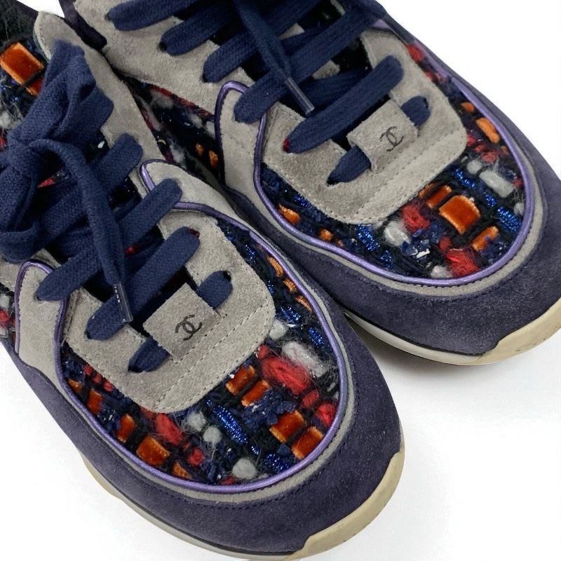 Chanel Sneakers Shoes Suede Fabric Navy Multicolor Coco Mark Tweed — view 9