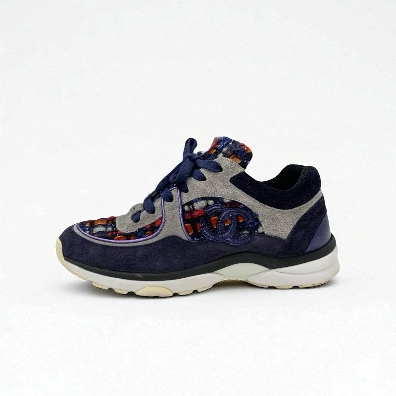 Chanel Sneakers Shoes Suede Fabric Navy Multicolor Coco Mark Tweed — view 3