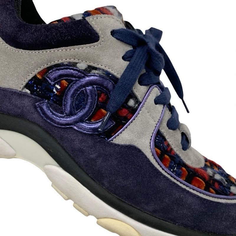 Chanel Sneakers Shoes Suede Fabric Navy Multicolor Coco Mark Tweed — view 8