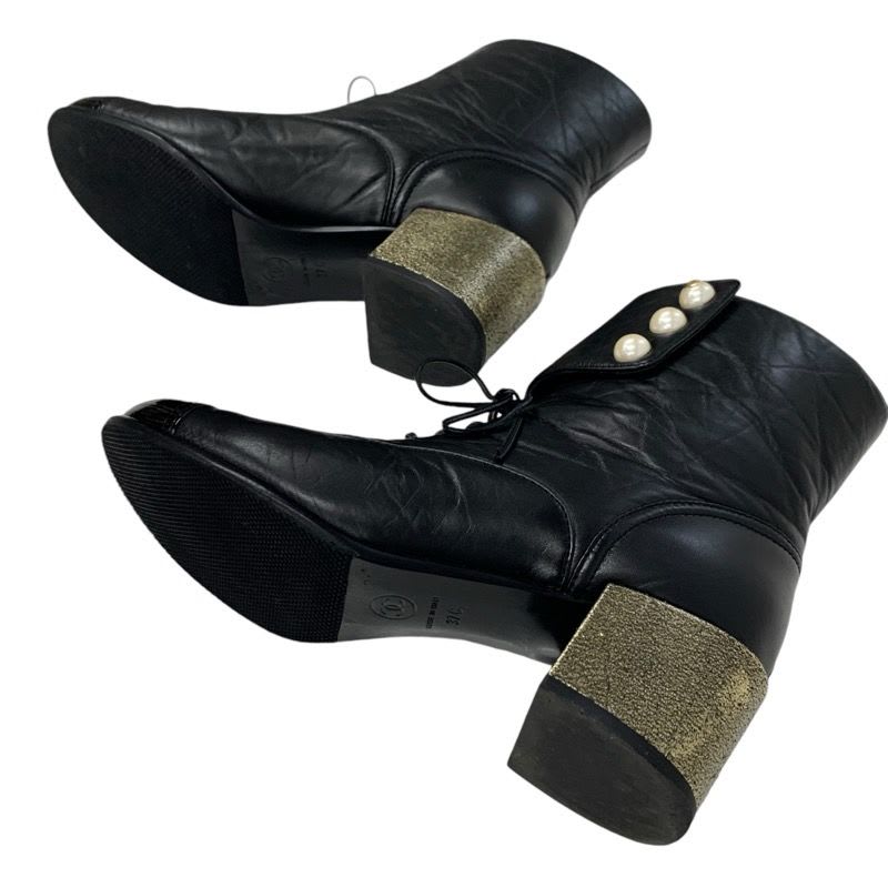Chanel Boots Short Shoes Leather Black Coco Mark Pearl Lace Up Wrinkle — view 6