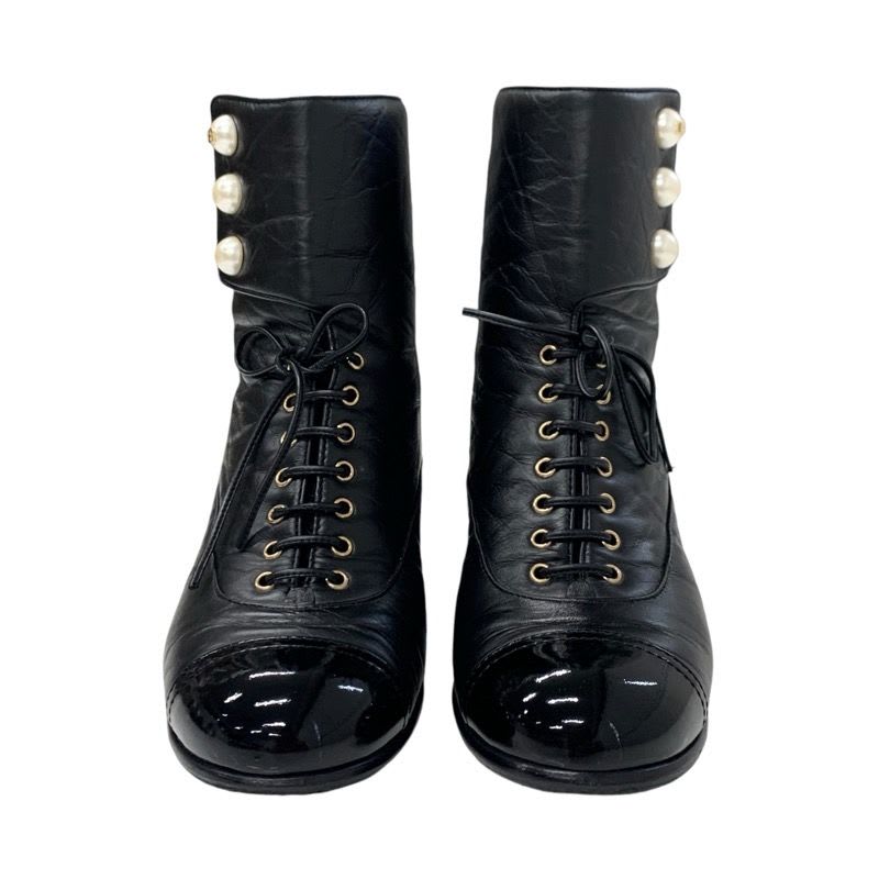 Chanel Boots Short Shoes Leather Black Coco Mark Pearl Lace Up Wrinkle — view 2