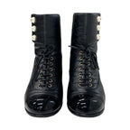 Chanel Boots Short Shoes Leather Black Coco Mark Pearl Lace Up Wrinkle — view 2